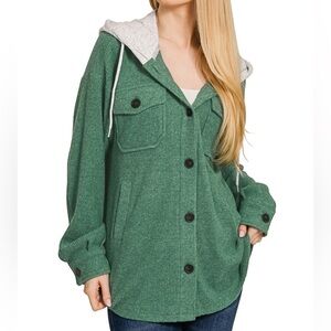 Brushed Rib Hooded Button Down Shacket in Dark Green